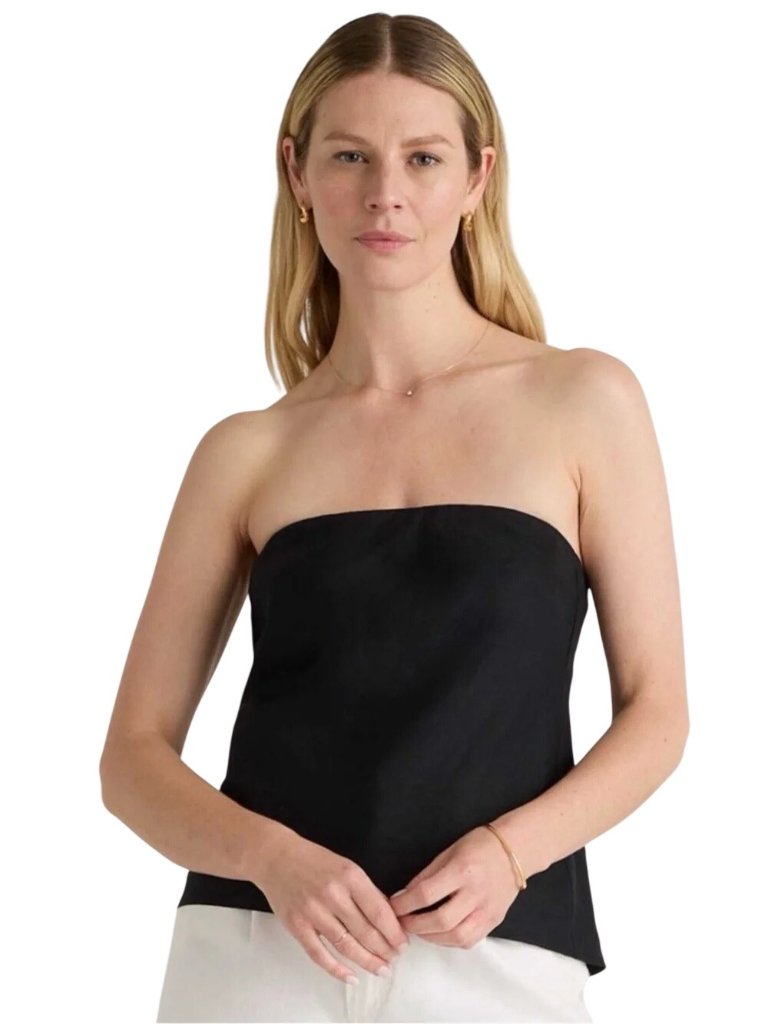 Quince Womens European Linen Strapless Top Size Large Black Smocked Back Pull On
